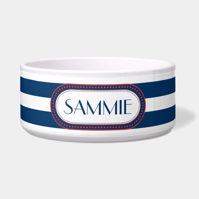 Sporty Blue | White Stripes Pattern Monogram Bowl (Front)