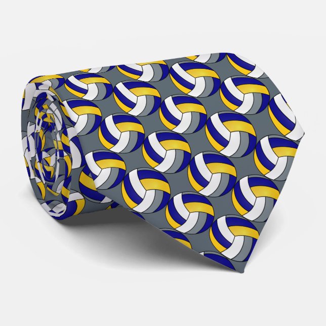 Sporty Blue, White, Yellow and Gray Volleyball Neck Tie (Rolled)