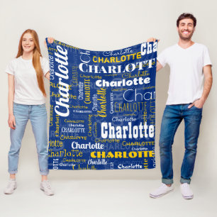 Sporty Blue Yellow Name Repeating Pattern Stadium Fleece Blanket