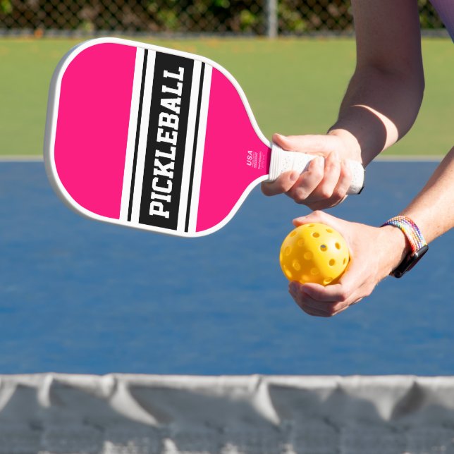 Sporty Bold Pink Black White Racing Stripes Text Carbon Fiber Pickleball Paddle (Insitu)