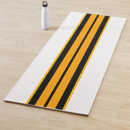 Sporty Bold Yellow Black Racing Stripes On White Yoga Mat
