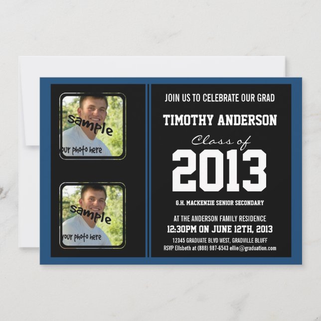 Sporty Boy Grad Black and Monaco Blue TWO Photos Invitation (Front)