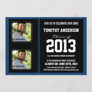 Sporty Boy Grad Black and Monaco Blue TWO Photos Invitation