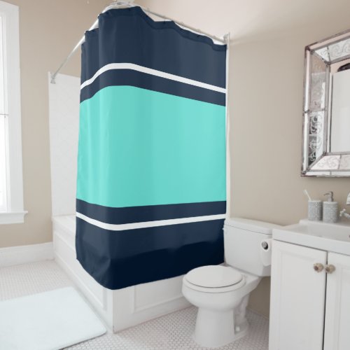 Sporty Bright Aqua White Racing Stripes On Navyv Shower Curtain