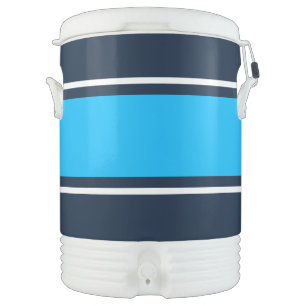 Sporty Bright Azure White Racing Stripes On Navy Beverage Cooler