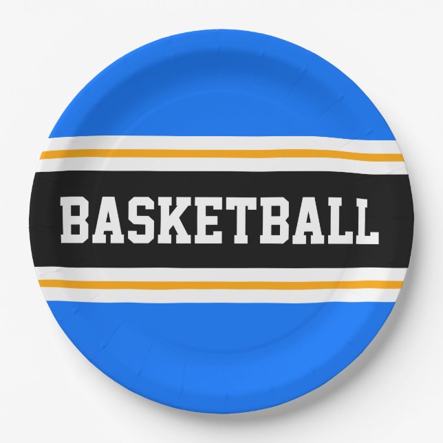 Sporty Bright Blue Black Orange BASKETBALL Stripes Paper Plates (Front)