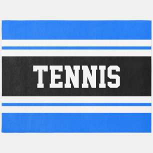Sporty Bright Blue Black White Stripes TENNIS Text Outdoor Rug