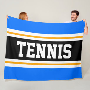 Sporty Bright Blue Orange Black TENNIS Stripes Fleece Blanket