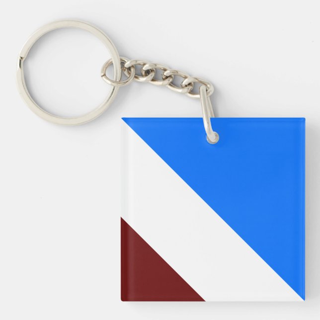 Sporty Bright Blue White Deep Red Slant Stripes Keychain (Front)