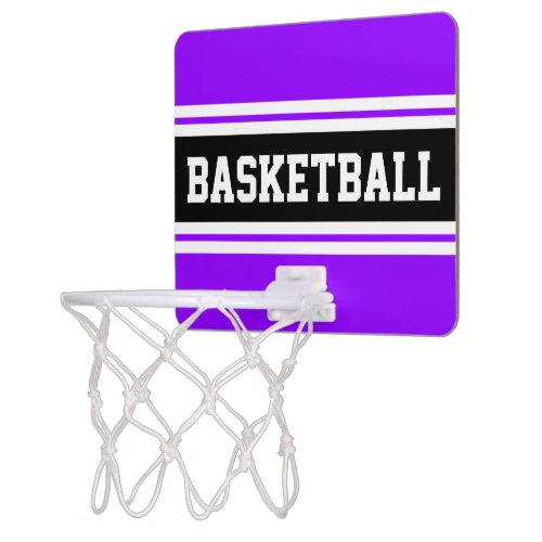 Sporty Bright Purple Black White Stripes Bold Text Mini Basketball Hoop