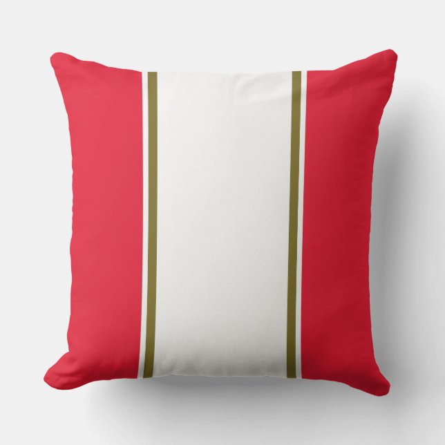 Sporty Bright Red White Olive Green Pinstripes Outdoor Pillow (Front)