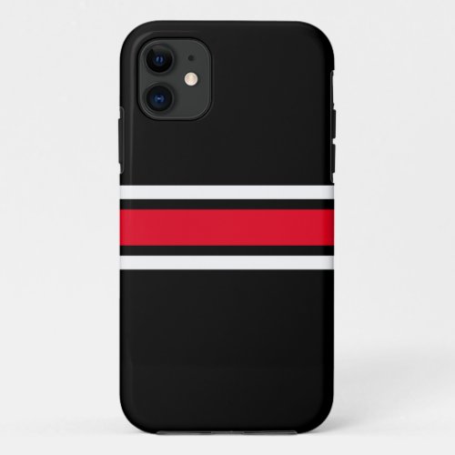 Sporty Bright Red White Racing Stripes On Black iPhone 11 Case