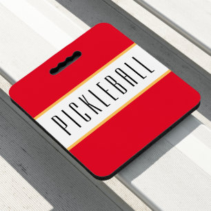 Sporty Bright Red White Stripes PICKLEBALL Text Seat Cushion