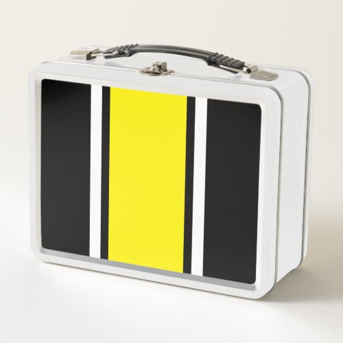 Sporty Bright Yellow White Black Racing Stripes Metal Lunch Box