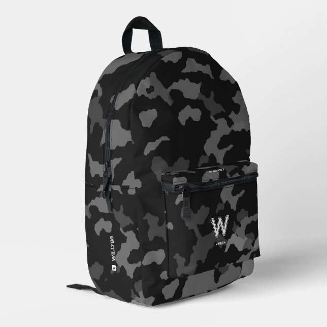 Sporty Camo Stylish Camouflage Monogram Black Grey Printed Backpack (Back Corner Left)