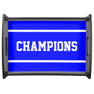 Sporty CHAMPIONS White Text Stripes On Bright Blue Serving Tray