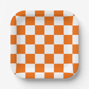 Sporty Checkerboard Orange White Team Colors Fun Paper Plates