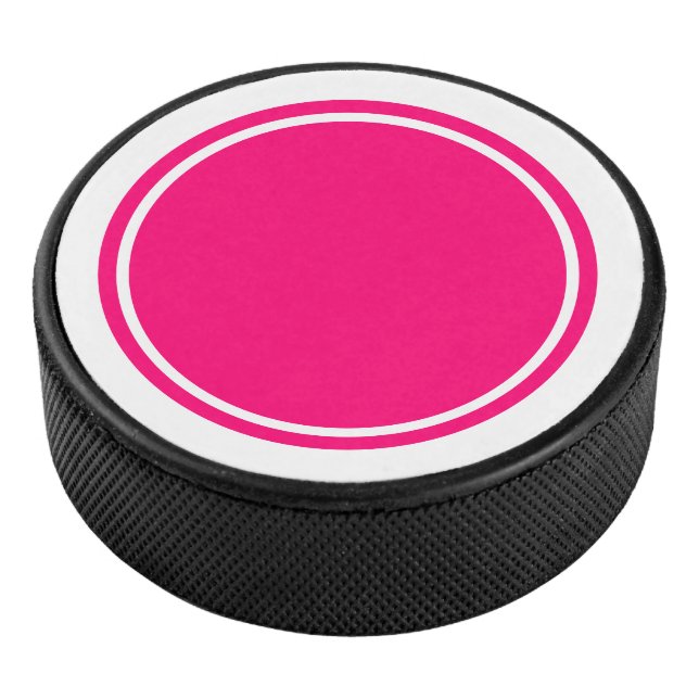 Sporty Circular Bright Pink Center White Stripes Hockey Puck (3/4)