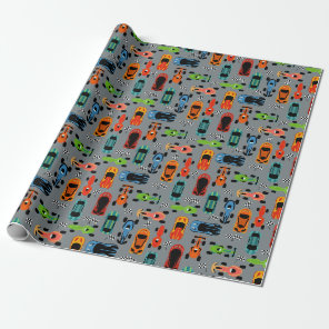 Sporty Colorful Racing Cars Kids Birthday Wrapping Paper