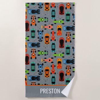 Sporty Colorful Racing Cars Kids Personalized Beach Towel by LilPartyPlanners at Zazzle