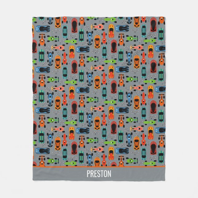Sporty Colorful Racing Cars Kids Personalized Fleece Blanket (Front)