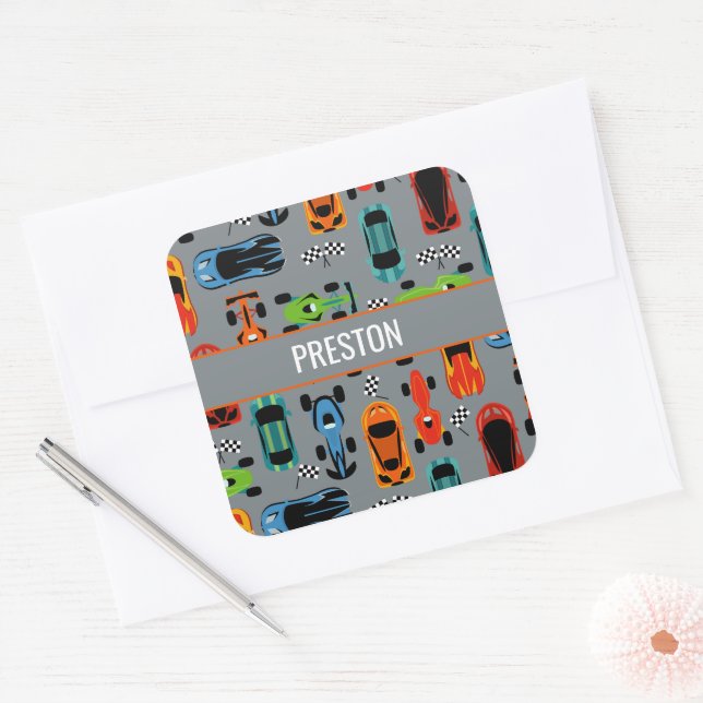 Sporty Colorful Racing Cars Kids Personalized Square Sticker (Envelope)