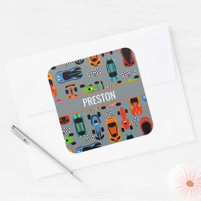 Sporty Colorful Racing Cars Kids Personalized Square Sticker (Envelope)