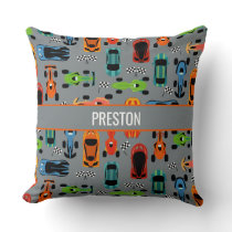 Sporty Colorful Racing Cars Kids Personalized Throw Pillow