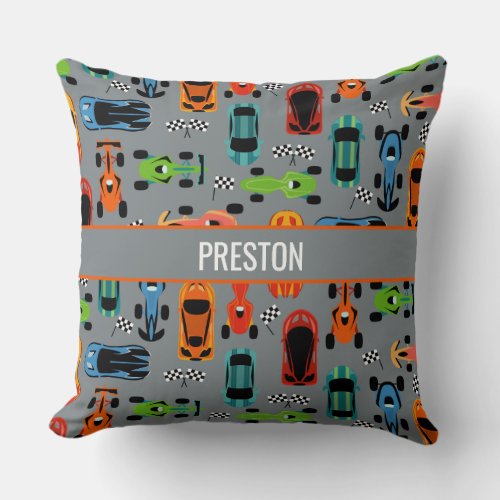 Sporty Colorful Racing Cars Kids Personalized Throw Pillow