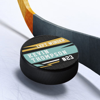 Sporty Custom Personalized Player Name & Number  Hockey Puck by moodthology at Zazzle