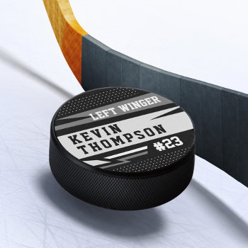 Sporty Custom Personalized Player Name & Number  Hockey Puck by moodthology at Zazzle