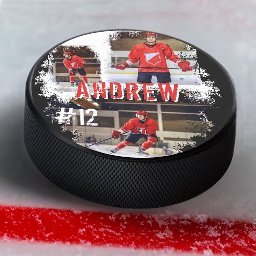 Sporty Custom Player Name  Number 3 Photo Collage Hockey Puck