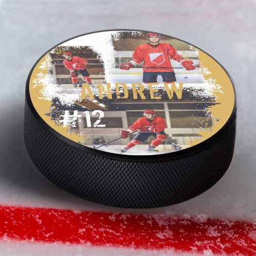Sporty Custom Player Name  Number 3 Photo Collage Hockey Puck