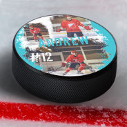 Sporty Custom Player Name & Number 3 Photo Collage Hockey Puck at Zazzle