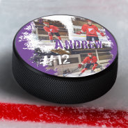 Sporty Custom Player Name & Number 3 Photo Collage Hockey Puck at Zazzle
