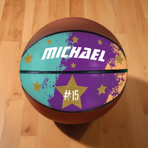 Sporty Custom Player Name  Number Gold Stars Basketball