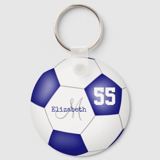sporty dark blue and white girls' soccer keychain (Front)