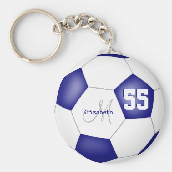sporty dark blue and white girls' soccer keychain