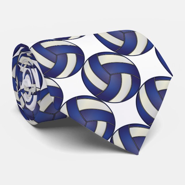 Sporty Dark Blue and White Volleyball Neck Tie (Rolled)