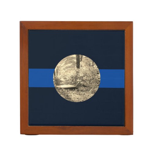 Sporty Dark Navy Blue Stripes Round Canoe Photo Desk Organizer