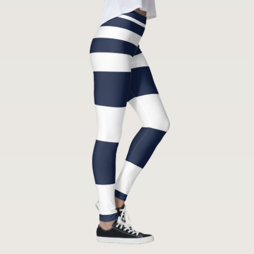 Sporty Dashing Deep Blue White Striped Design Leggings