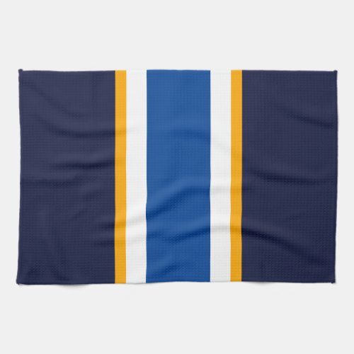 Sporty Deep Blue Navy White Yellow Racing Stripes Kitchen Towel