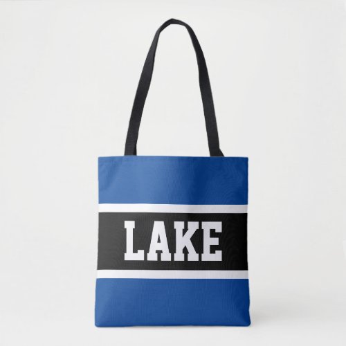 Sporty Deep Blue White Stripes Bold LAKE Text Tote Bag