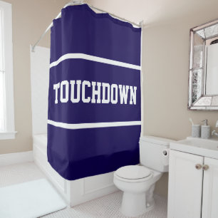 Sporty Deep Navy Blue TOUCHDOWN White Text Stripes Shower Curtain