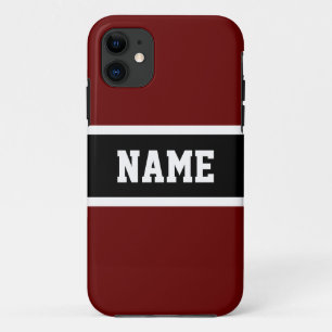 Sporty Deep Red Black White Athletic Stripes Text iPhone 11 Case