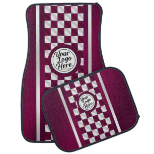 Sporty Deep Red Checkered Racing Stripe Logo Car Floor Mat