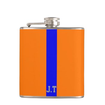 Sporty Design Orange And Blue Monogram Hip Flask by FUNNSTUFF4U at Zazzle