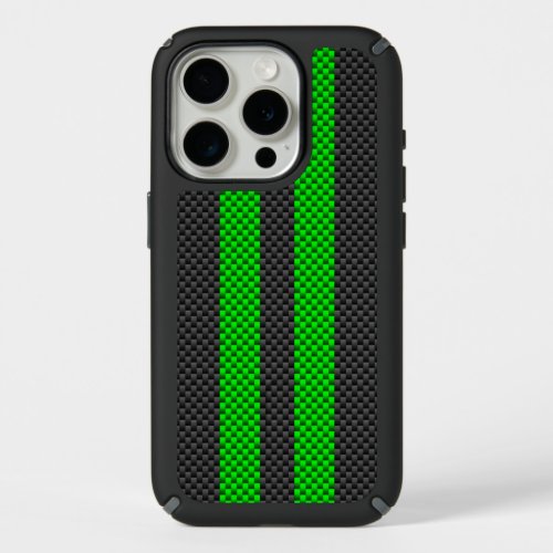 Sporty Electric Green Carbon Fiber Style Stripes iPhone 15 Pro Case