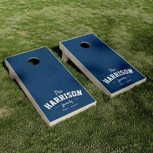 Sporty family name simple navy blue tailgate theme cornhole set