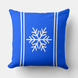 Sporty Festive Bright Blue White Stripes Snowflake Throw Pillow